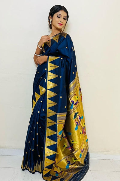 Marvellous Navy Blue Paithani Silk Saree With Energetic Blouse Piece