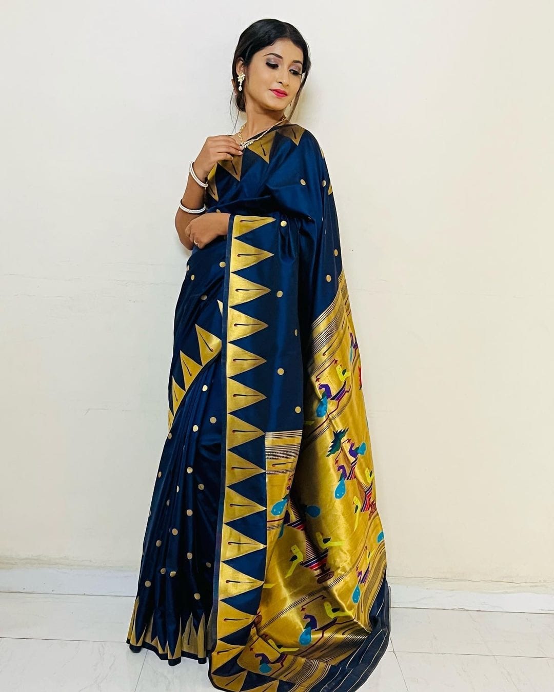 Marvellous Navy Blue Paithani Silk Saree With Energetic Blouse Piece