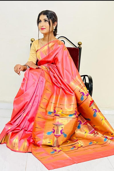Innovative Pink Paithani Silk Saree With Energetic Blouse Piece