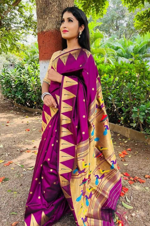 Load image into Gallery viewer, Stunning Purple Paithani Silk Saree With Energetic Blouse Piece
