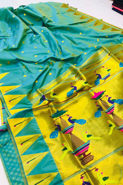 Amazing Sky Paithani Silk Saree With Energetic Blouse Piece