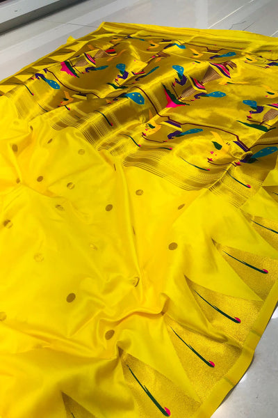 Pretty Yellow Paithani Silk Saree With Energetic Blouse Piece