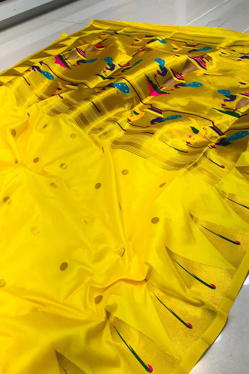 Load image into Gallery viewer, Pretty Yellow Paithani Silk Saree With Energetic Blouse Piece
