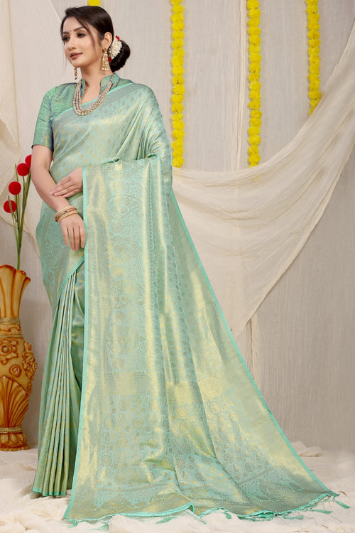 Load image into Gallery viewer, Moiety Sea Green Kanjivaram Silk With Glittering Blouse Piece
