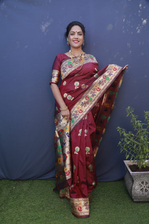 Load image into Gallery viewer, Gorgeous Maroon Paithani Silk Saree With Ideal Blouse Piece
