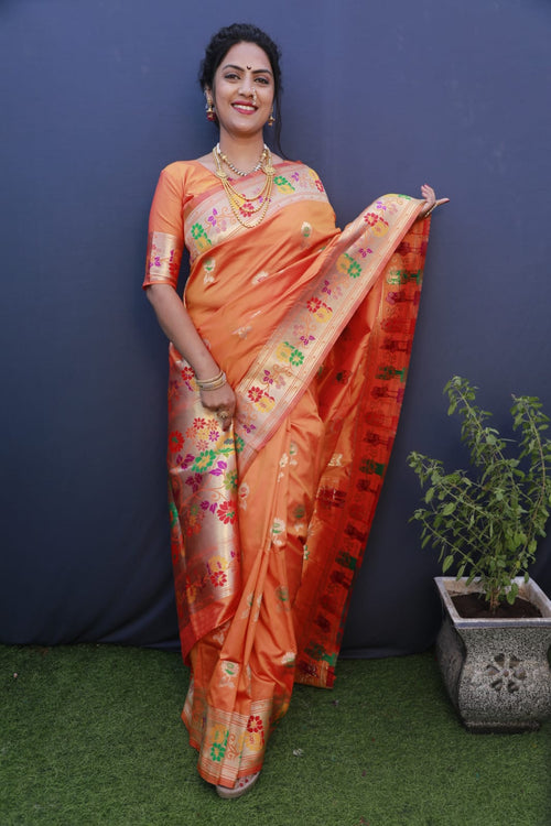 Load image into Gallery viewer, Wonderful Orange Paithani Silk Saree With Ideal Blouse Piece
