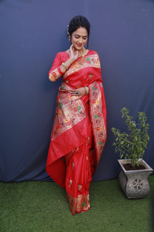 Load image into Gallery viewer, Skinny Red Paithani Silk Saree With Ideal Blouse Piece
