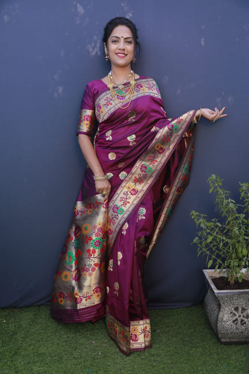 Load image into Gallery viewer, Capricious Wine Paithani Silk Saree With Ideal Blouse Piece
