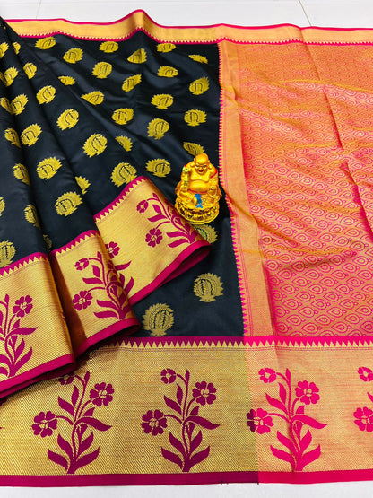 Groovy Black Banarasi Silk Saree With Most Adorable Blouse Piece