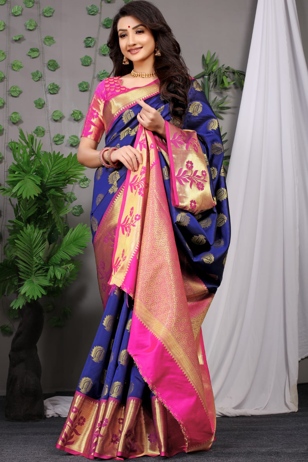 Prominent Navy Blue Banarasi Silk Saree With Most Adorable Blouse Piece