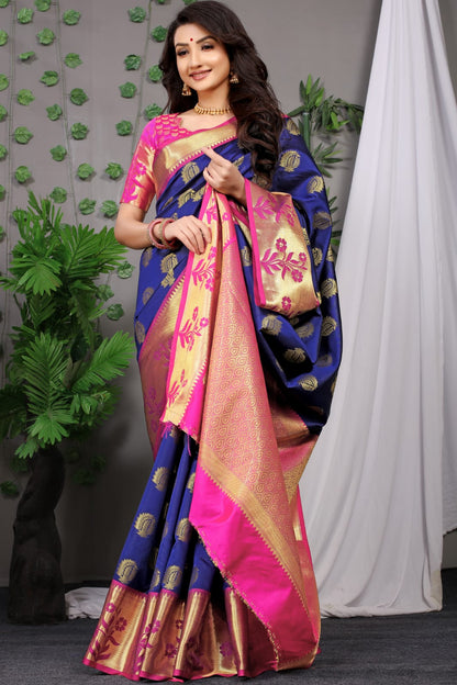 Prominent Navy Blue Banarasi Silk Saree With Most Adorable Blouse Piece