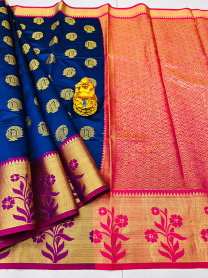 Prominent Navy Blue Banarasi Silk Saree With Most Adorable Blouse Piece