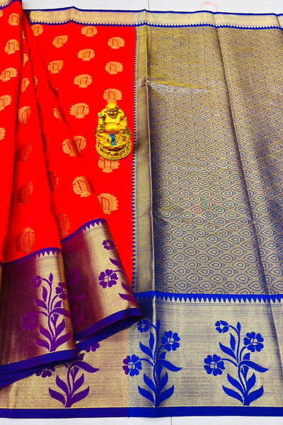 Flamboyant Red Banarasi Silk Saree With Most Adorable Blouse Piece