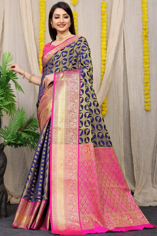 Load image into Gallery viewer, Hypnotic Navy Blue Kanjivaram Silk With Palimpsest Blouse Piece
