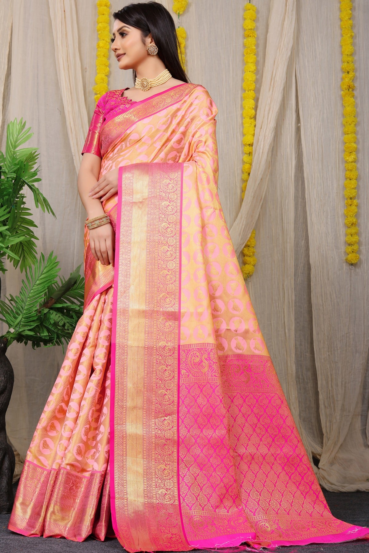 Ravishing Pink Kanjivaram Silk With Palimpsest Blouse Piece