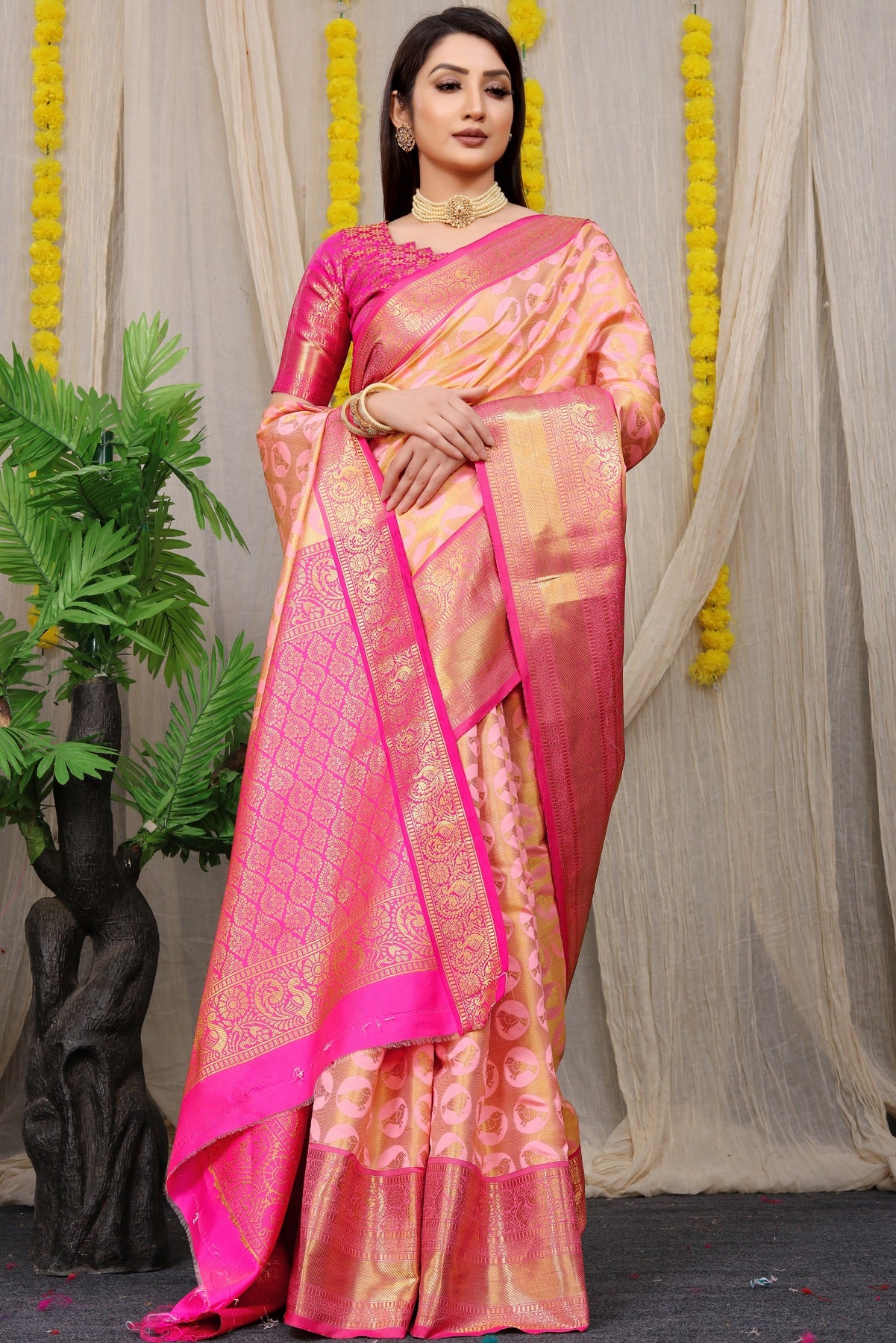 Ravishing Pink Kanjivaram Silk With Palimpsest Blouse Piece