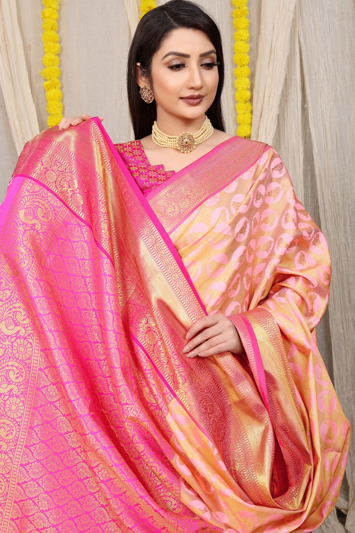 Ravishing Pink Kanjivaram Silk With Palimpsest Blouse Piece