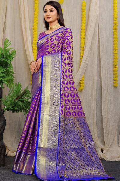 Radiant Purple Kanjivaram Silk With Palimpsest Blouse Piece