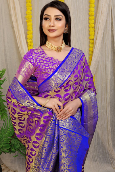 Radiant Purple Kanjivaram Silk With Palimpsest Blouse Piece