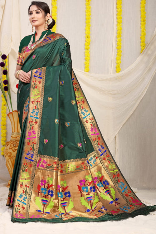 Load image into Gallery viewer, Most Stunning Dark Green Paithani Silk Saree With Gorgeous Blouse Piece
