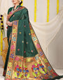 Most Stunning Dark Green Paithani Silk Saree With Gorgeous Blouse Piece