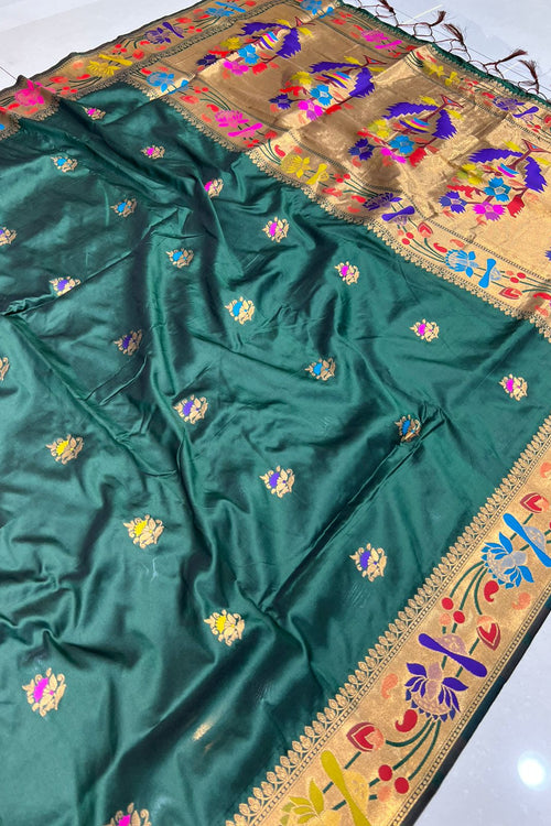 Load image into Gallery viewer, Most Stunning Dark Green Paithani Silk Saree With Gorgeous Blouse Piece
