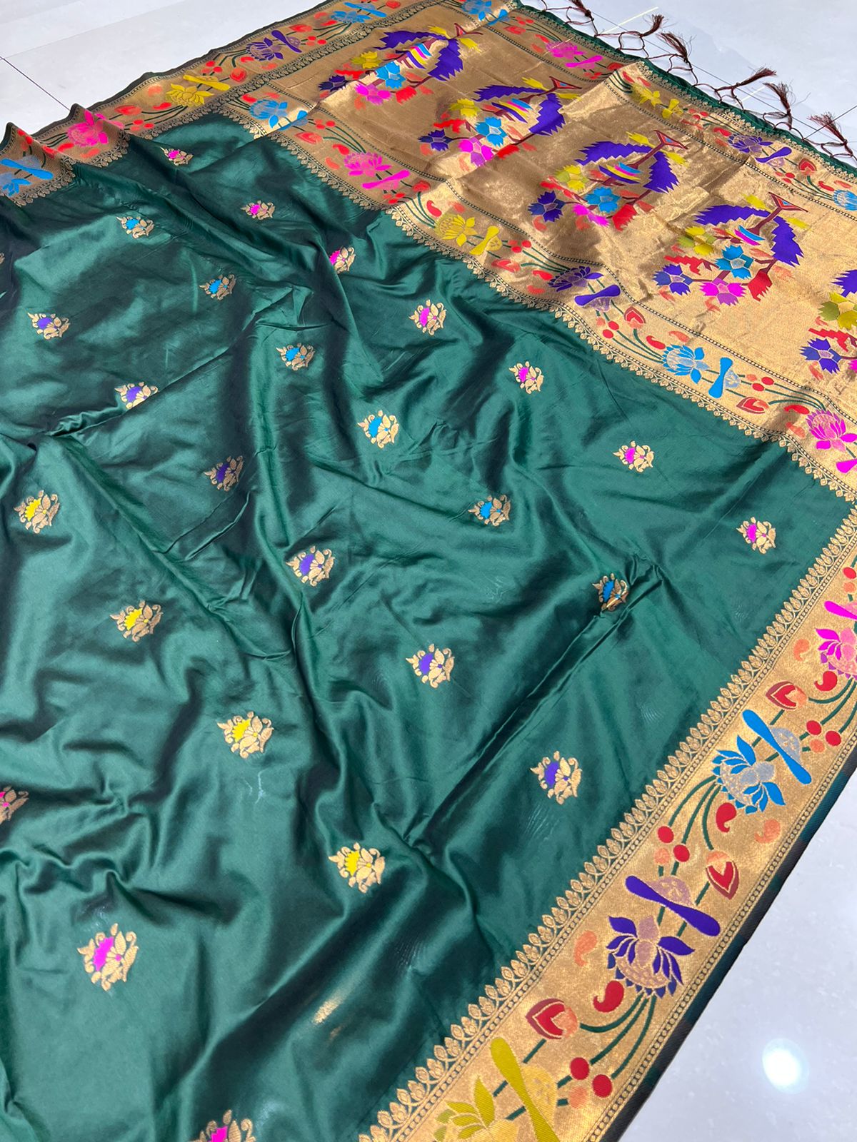 Most Stunning Dark Green Paithani Silk Saree With Gorgeous Blouse Piece