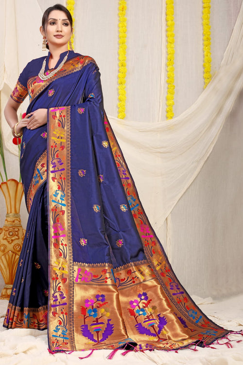 Load image into Gallery viewer, Inspiring Navy Blue Paithani Silk Saree With Gorgeous Blouse Piece

