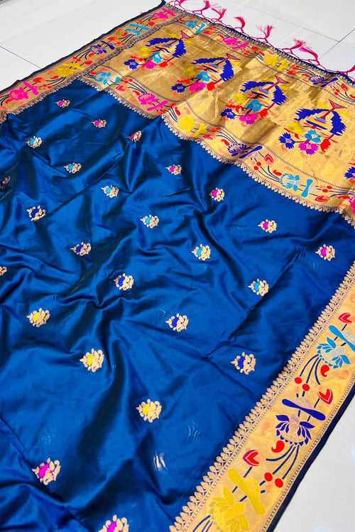 Load image into Gallery viewer, Inspiring Navy Blue Paithani Silk Saree With Gorgeous Blouse Piece
