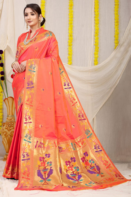 Load image into Gallery viewer, Most Flattering Peach Paithani Silk Saree With Gorgeous Blouse Piece
