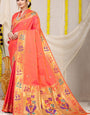 Most Flattering Peach Paithani Silk Saree With Gorgeous Blouse Piece