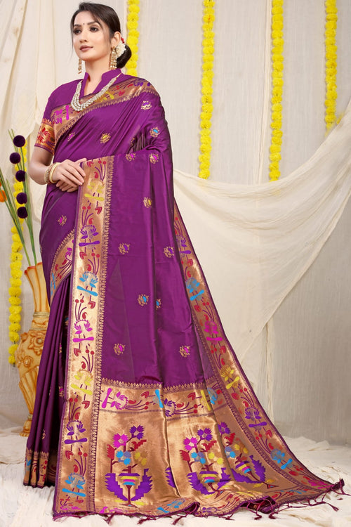 Load image into Gallery viewer, Fairytale Purple Paithani Silk Saree With Gorgeous Blouse Piece
