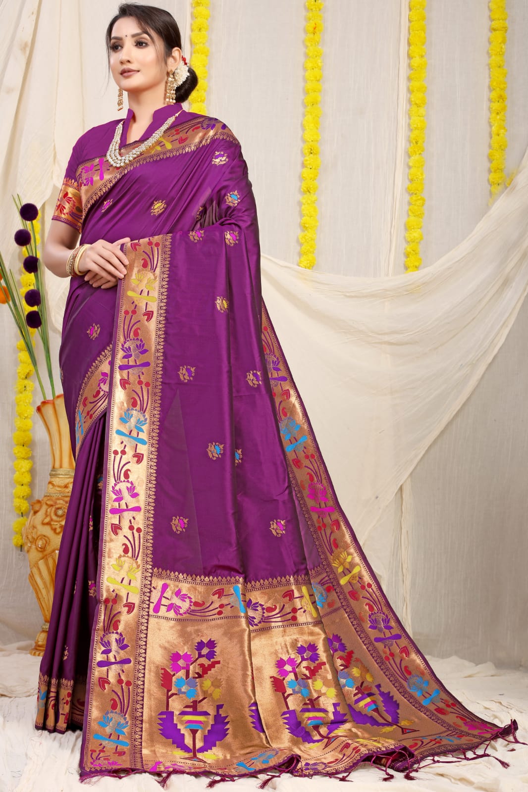 Fairytale Purple Paithani Silk Saree With Gorgeous Blouse Piece