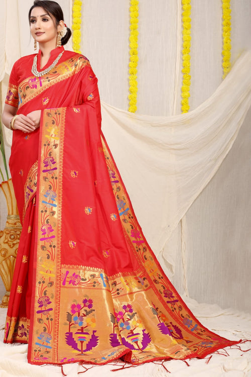 Load image into Gallery viewer, Stunner Red Paithani Silk Saree With Gorgeous Blouse Piece
