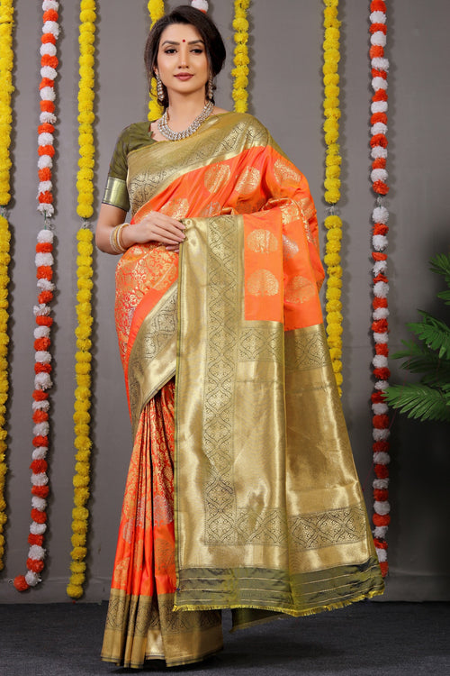 Load image into Gallery viewer, Prodigal Orange Banarasi Silk Saree With Comely Blouse Piece
