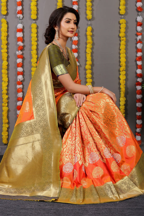 Load image into Gallery viewer, Prodigal Orange Banarasi Silk Saree With Comely Blouse Piece
