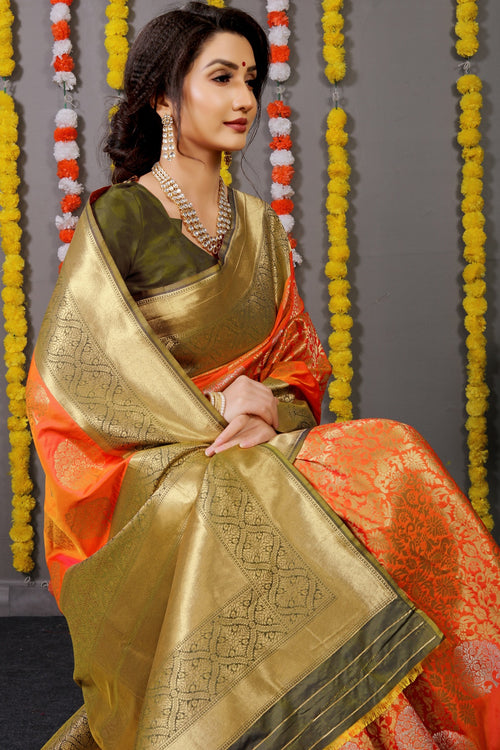 Load image into Gallery viewer, Prodigal Orange Banarasi Silk Saree With Comely Blouse Piece
