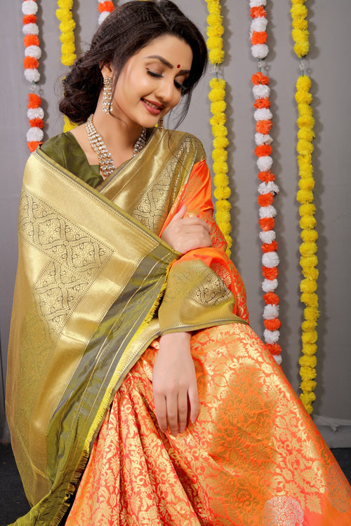 Load image into Gallery viewer, Prodigal Orange Banarasi Silk Saree With Comely Blouse Piece
