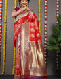 Incomparable Red Banarasi Silk Saree With Comely Blouse Piece