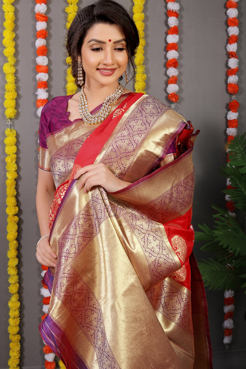 Load image into Gallery viewer, Incomparable Red Banarasi Silk Saree With Comely Blouse Piece
