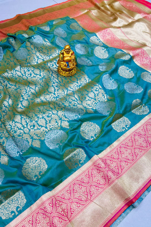 Load image into Gallery viewer, Profuse Turquoise Banarasi Silk Saree With Comely Blouse Piece
