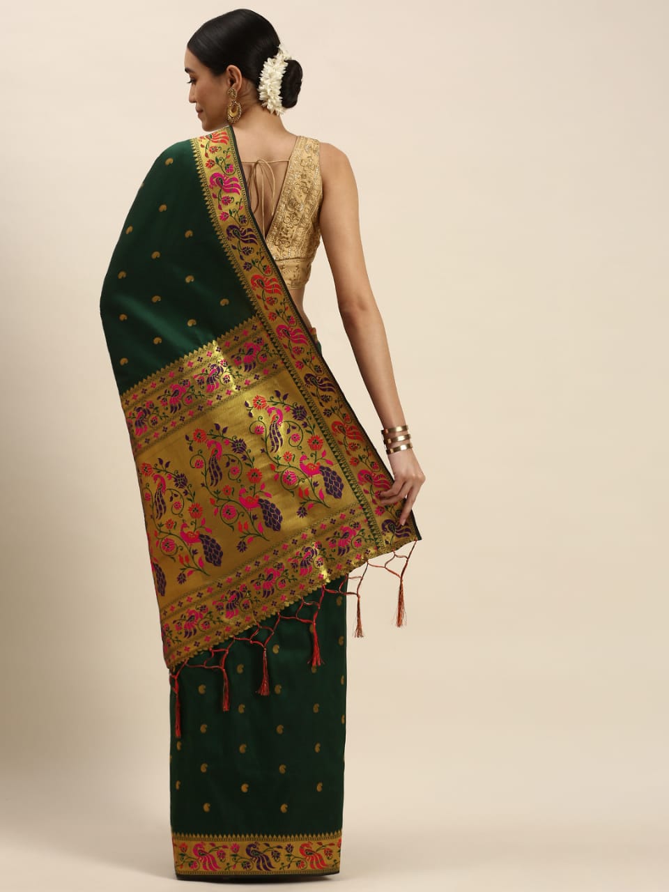 Demesne Dark Green Paithani Silk Saree With Evanescent Blouse Piece