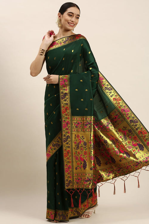 Load image into Gallery viewer, Demesne Dark Green Paithani Silk Saree With Evanescent Blouse Piece
