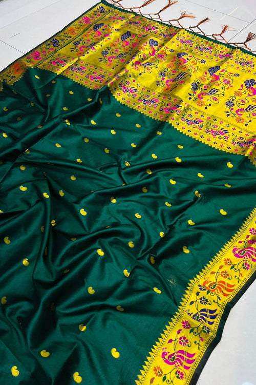 Load image into Gallery viewer, Demesne Dark Green Paithani Silk Saree With Evanescent Blouse Piece
