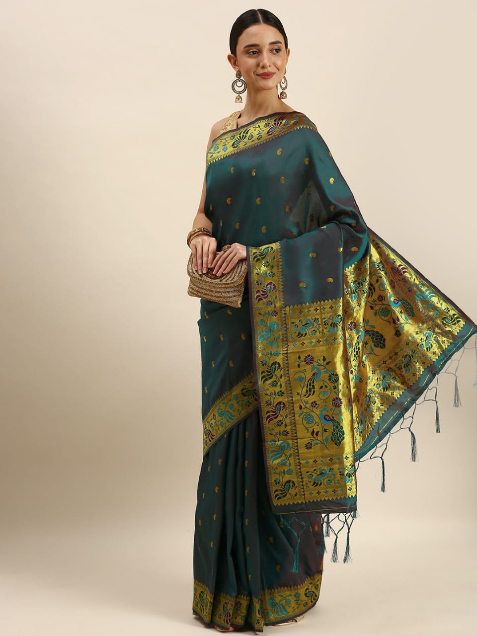 Vestigial Grey Paithani Silk Saree With Staggering Blouse Piece