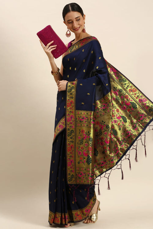 Load image into Gallery viewer, Gratifying Navy Blue Paithani Silk Saree With Luxuriant Blouse Piece
