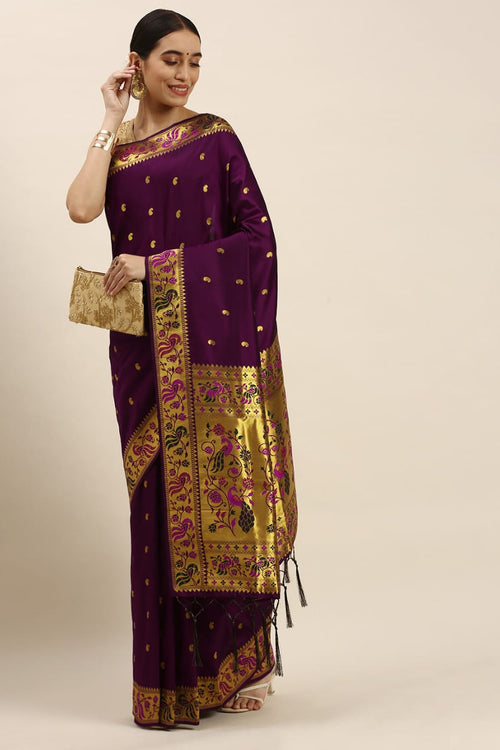 Load image into Gallery viewer, Woebegone Wine Paithani Silk Saree With Gratifying Blouse Piece
