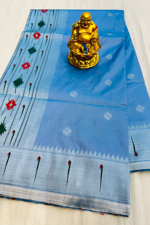 Load image into Gallery viewer, Transcendent Sky Paithani Silk Saree With Inspiring Blouse Piece
