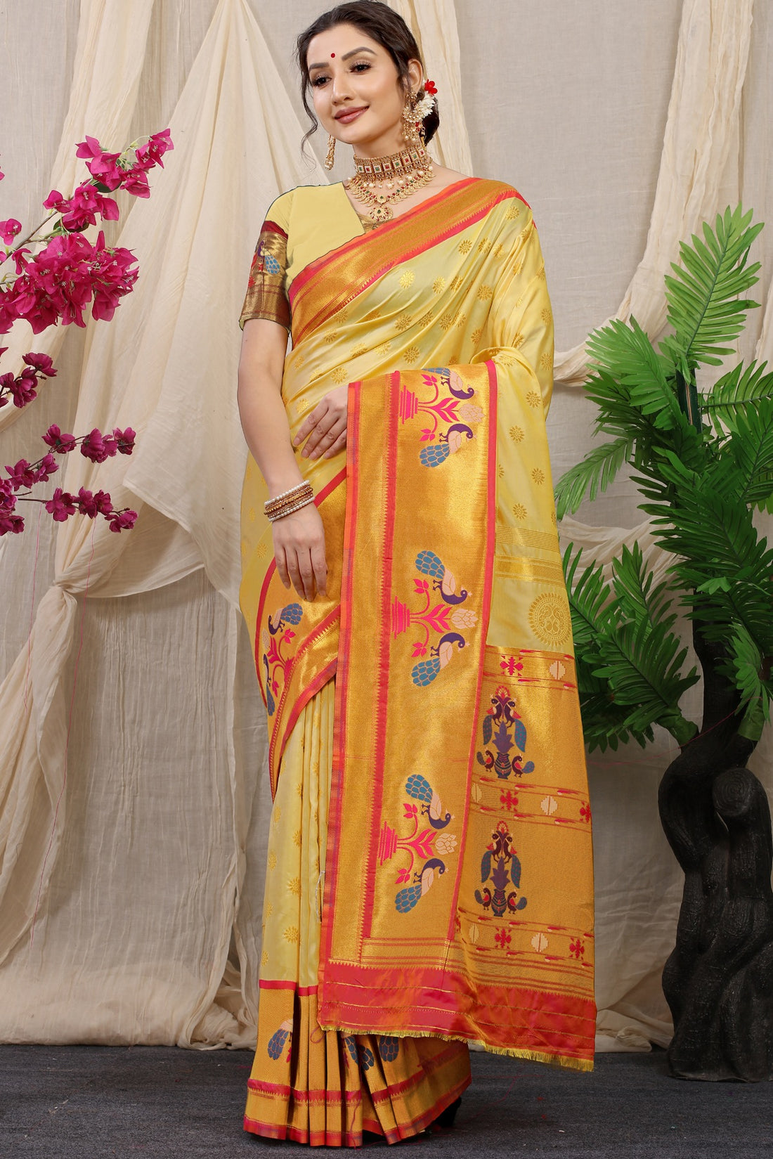 Arresting Beige Paithani Silk Saree With Splendorous Blouse Piece