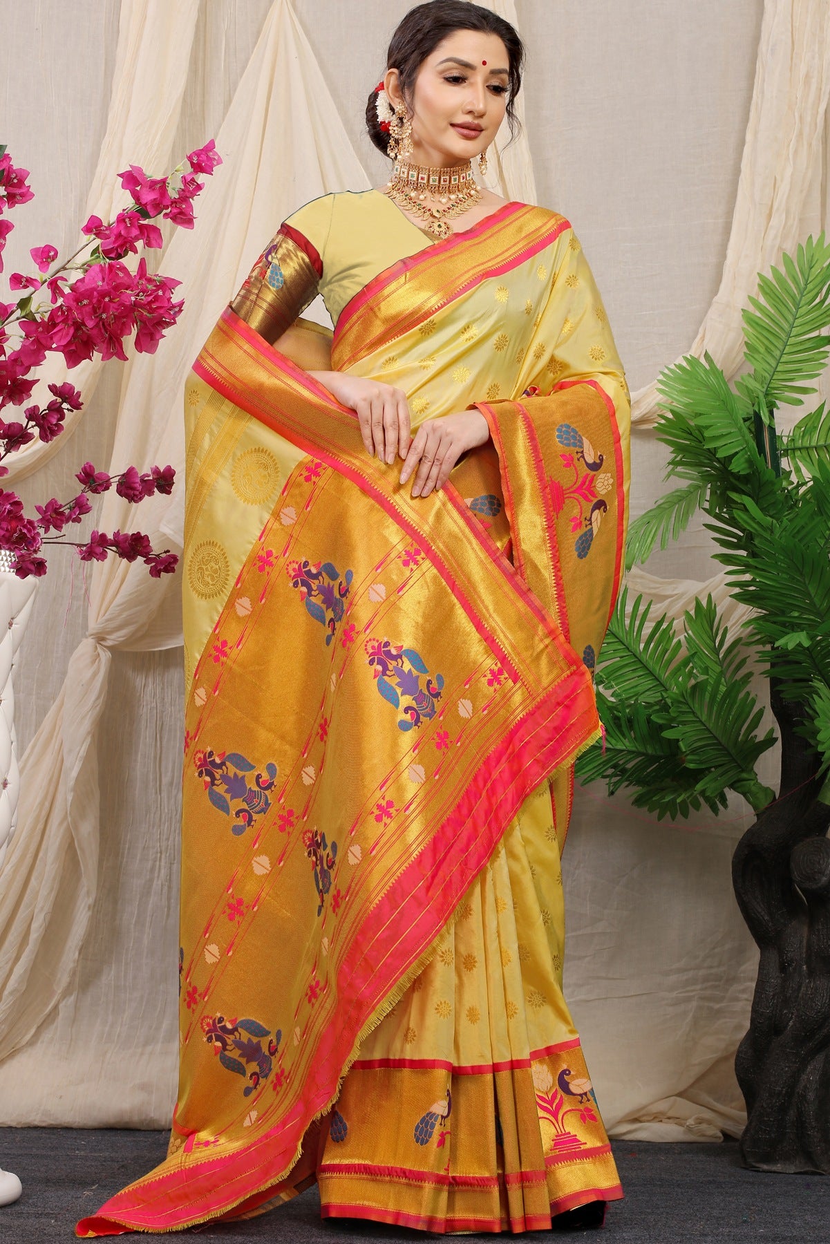 Arresting Beige Paithani Silk Saree With Splendorous Blouse Piece